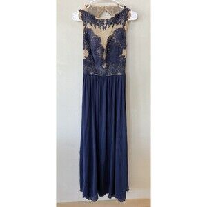 Sherri Hill Prom Dress Women’s 12 Dark Blue Beige Maxi Long Sleeveless Sheer
